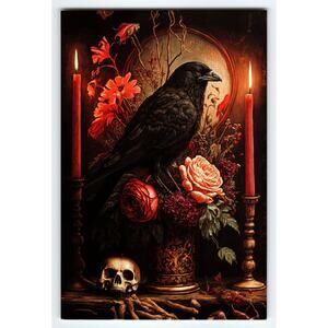 4x6 Gothic Raven Still Life Photo with Skull, Roses & Candles Glossy Halloween